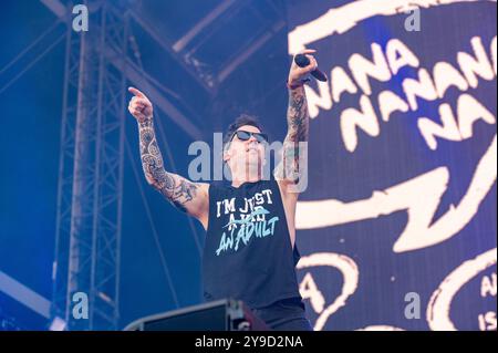 30 juin 2024 : Pierre Bouvier se produit avec simple plan au festival Hellfest Open Air à Clisson Banque D'Images