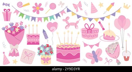 Joyeux anniversaire éléments en couleurs roses ensemble Illustration de Vecteur