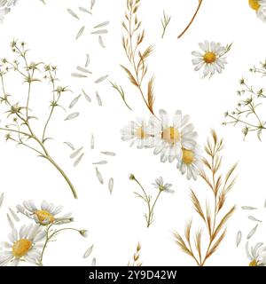 Motif floral sans couture de camomilles, bourgeons, tiges, pétales de Marguerite, fleurs séchées, fiévroweed sur fond blanc dans la direction verticale des vagues dans la chaleur douce Banque D'Images