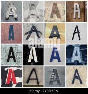 Collection de 16 lettres majuscules san serif A prises dans les rues urbaines Banque D'Images