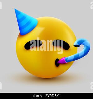 Party face emoji - visage jaune avec un chapeau de fête soufflant et corne de fête. Illustration vectorielle Illustration de Vecteur