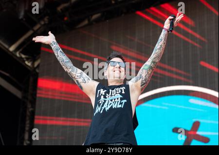 30 juin 2024 : Pierre Bouvier se produit avec simple plan au festival Hellfest Open Air à Clisson Banque D'Images