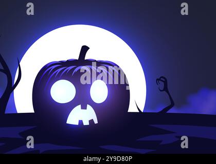 Silhouette de citrouille effrayante, main de zombie sur fond de lune et de brouillard. Motif graphique de fête d'Halloween. Illustration vectorielle Illustration de Vecteur