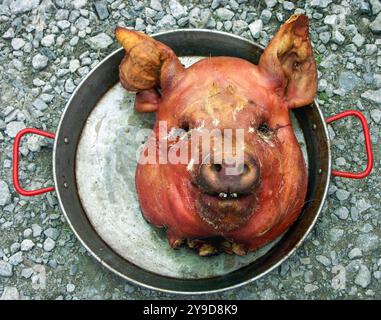 Une tête de cochon entière, cuite lentement dans un four comme pièce maîtresse d'un dîner sur le thème de la restauration 17c (Royaume-Uni) Banque D'Images