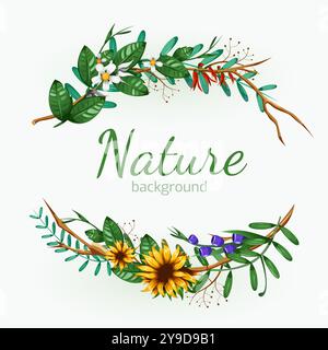 Bannière florale verte avec isolé sur fond blanc. Composition de fleurs. Couronne faite de diverses fleurs et feuilles pour les cartes, invitation de mariage, affiches, enregistrer la date ou la conception de voeux. Illustration de Vecteur