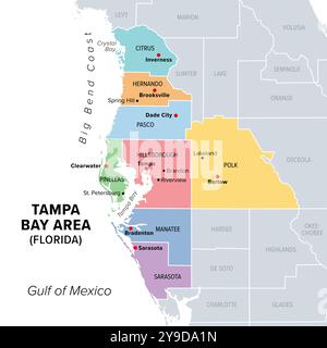 Région de Tampa Bay, Floride, États-Unis, carte politique multicolore. Zone métropolitaine importante autour de la baie de Tampa sur la côte du golfe de Floride. Banque D'Images