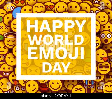 Bonne journée mondiale des emoji. Carte de vœux ou bannière. Emoji sourit la foule. Illustration vectorielle Illustration de Vecteur