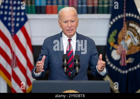 Washington, États-Unis d'Amérique. 09 octobre 2024. Washington, États-Unis d'Amérique. 09 octobre 2024. U. Le président Joe Biden prononce des remarques sur les dangers de l'approche de l'ouragan catastrophique Milton depuis la salle Roosevelt de la Maison Blanche, le 9 octobre 2024 à Washington, DC crédit : Oliver Contreras/White House photo/Alamy Live News Banque D'Images