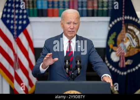 Washington, États-Unis d'Amérique. 09 octobre 2024. Washington, États-Unis d'Amérique. 09 octobre 2024. U. Le président Joe Biden prononce des remarques sur les dangers de l'approche de l'ouragan catastrophique Milton depuis la salle Roosevelt de la Maison Blanche, le 9 octobre 2024 à Washington, DC crédit : Oliver Contreras/White House photo/Alamy Live News Banque D'Images