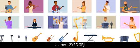 Icônes de musicien blogueur définies. Divers musiciens jouant différents instruments de musique et enregistrant un blog vidéo musical en utilisant une plate-forme de streaming à la maison Illustration de Vecteur