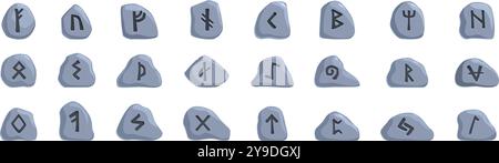 Icônes de pierres de rune définies. Ensemble de pierres de rune avec d'anciens caractères de l'alphabet nordique gravés sur eux, représentant la signification mystique et historique de la culture viking Illustration de Vecteur