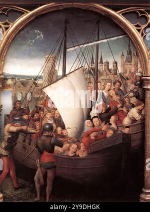 MEMLING, Hans (1440, Seligenstadt, 1494, Bruges) Sanctuaire Sainte-Ursula : martyre (scène 5) 1489 huile sur panneau, 35 x 25,3 cm Memlingmuseum, Sint-Janshospitaal, Bruges 5. Martyre à Cologne, les scènes 5 et 6 forment un tout continu et sont promulguées sur la rive orientale du Rhin. Les dirigeants romains, qui voulaient étouffer cette escalade dans la pratique de la foi chrétienne, ont appelé leur parent Jules, chef des Huns, à attendre les pèlerins à Cologne et à les mettre à mort. L'attaque commence au loin sur la rive opposée, montrée à l'extrême gauche (le sh Banque D'Images