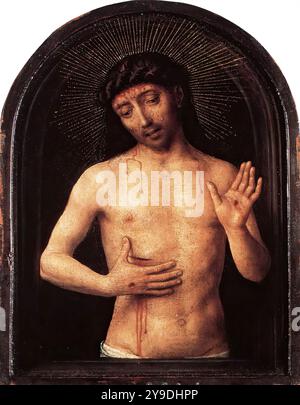MEMLING, Hans (né vers 1440, Seligenstadt, d. 1494, Bruges) homme des douleurs après 1490 huile sur panneau de chêne, 12,9 x 92,2 cm Musée chrétien, Esztergom L'homme des douleurs est montré à mi-longueur sur un fond fortement sombre, bleu-verdâtre. Sa figure coupe à travers un cadre gris en pierre moulée peint en trompe-l'oeil, ce qui lui donne l'apparence d'émerger de la peinture en trois dimensions. Il s'agit d'un effet illusionniste établi déjà utilisé par Van Eyck pour ses figures de niche (Annonciation, Madrid, Fundación Thyssen-Bornemisza) mais qui a d'abord été appliqué aux figures vivantes par Banque D'Images