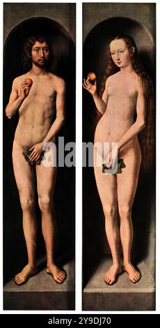MEMLING, Hans (né vers 1440, Seligenstadt, d. 1494, Bruges) Adam et Ève vers 1485 huile sur chêne, 69,3 x 17,3 cm (chacun) Kunsthistorisches Museum, Vienne les deux images sont sur le côté arrière des ailes latérales d'un petit triptyque, elles peuvent être vues lorsque l'autel est fermé. À l'état ouvert, le triptyque représente la Vierge intronisée avec les saints, dans un cadre architectural. --- mots-clés : ------------- Auteur : MEMLING, Hans titre : Adam and Eve chronologie : 1451-1500 École : Flamand forme : peinture type : religieux Banque D'Images