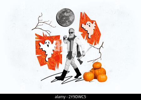 Collage d'œuvres d'art composite de Happy halloween poster Spooky saison fête décor citrouille fantôme homme âgé style cool marcher tenir hache bûcheron Banque D'Images