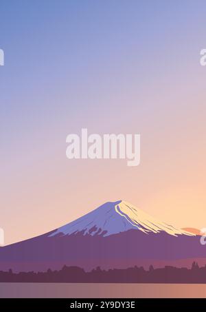 Vue panoramique en soirée sur le mont Fuji. Paysage avec un pic de montagne au Japon. Célèbre fond d'écran. Conception de bannière avec un paysage naturel. Gree Illustration de Vecteur