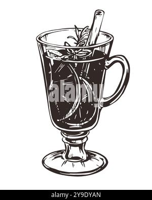 Vin chaud avec bâton de cannelle, anis étoilé et tranche d'orange. Illustration vectorielle dessinée à la main. Style gravé de boisson chaude alcoolisée de Noël avec Illustration de Vecteur