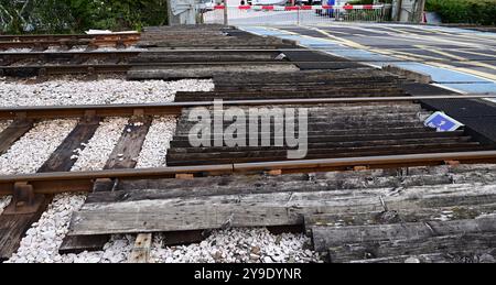 Rails anti-intrusion arris le long du passage à niveau à la station Kingswear sur le chemin de fer à vapeur de Dartmouth. Banque D'Images