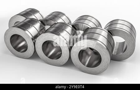 Rouleaux métalliques en acier se trouvant dans la rangée fond blanc 3d Banque D'Images