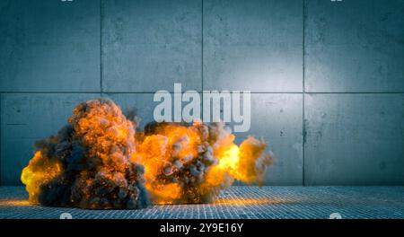 Boule de feu explosant près d'un mur de béton, grand nuage de fumée noire 3D. Banque D'Images