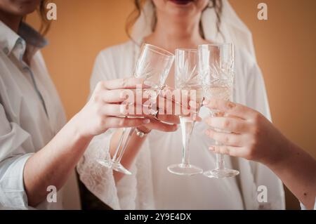 Un joyeux toast parmi les demoiselles d'honneur célébrant l'amour et l'amitié. Banque D'Images