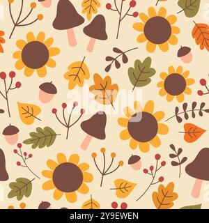Motif sans coutures d'automne. Fond d'automne avec tournesols, champignons, feuilles d'automne, glands et plantes. Illustration vectorielle. Illustration de Vecteur