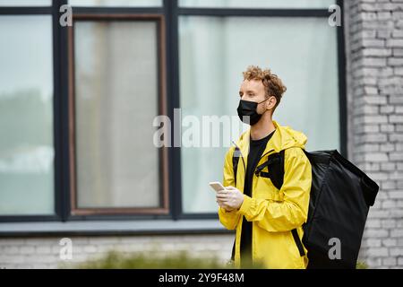 Un livreur portant un masque médical noir se tient devant un immeuble de bureaux pendant qu'il vérifie son téléphone. Banque D'Images