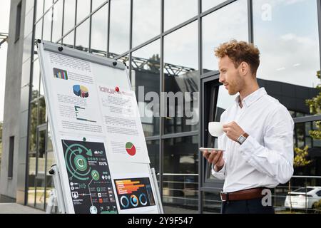 Un homme d’affaires concentré analyse l’avancement d’un projet tout en dégustant son café dans un bureau contemporain. Banque D'Images