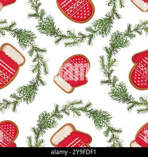 Motif sans couture de Noël. Biscuits en pain d'épice et branches d'if vert en forme de couronne, fond blanc. Banque D'Images