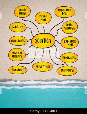 Sciatique se réfère à la douleur qui rayonne le long du chemin du nerf sciatique, le plus grand nerf dans le corps, infographie de carte mentale. Banque D'Images