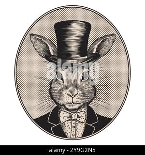 Portrait d'un lièvre lapin dans un costume avec un noeud papillon et un chapeau haut de gamme sur sa tête. Dessin stylisé comme une gravure vintage. Illustration de Vecteur