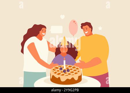 Fille avec des parents soufflant sur des bougies pour son anniversaire. Joyeuse fête de famille Illustration de Vecteur