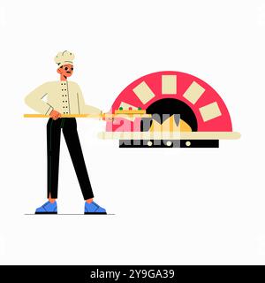 Chef masculin avec four à pizza dans l'illustration vectorielle plate symbolisant la fabrication de pizza, les compétences culinaires et la cuisine italienne, isolé sur fond blanc. Illustration de Vecteur