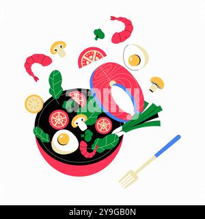 Bol avec du saumon, des légumes et des crevettes dans l'illustration vectorielle plate symbolisant une alimentation saine, la nutrition et la cuisine de fruits de mer, isolé sur blanc Illustration de Vecteur