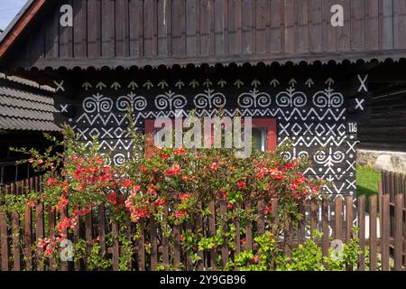 Décoration unique de maisons à Cicmany, site du patrimoine mondial de l'UNESCO, Slovaquie Banque D'Images