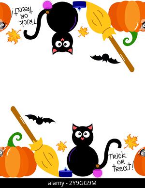 Bordure et séparateur de cadre d'Halloween avec silhouettes vectorielles de citrouilles, chapeau de sorcière, chauve-souris, bougie, potion, balai. Bannière web de vacances de dessin animé d'Halloween bo Illustration de Vecteur