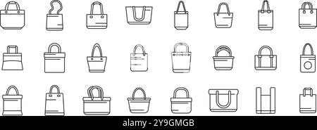 Jeu d'icônes Market Shopper réutilisables. Cet ensemble d'icônes de ligne de sac à provisions présente une variété de sacs couramment utilisés pour la vente au détail et le shopping Illustration de Vecteur