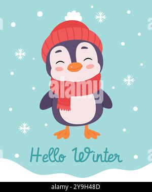 Pingouin mignon dans les vêtements d'hiver. Bonjour Winter card.Cute Polar Birds vector Illustration de Vecteur