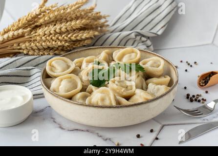 Boulettes russes traditionnelles servies avec de la crème sure et garnies de persil. Banque D'Images