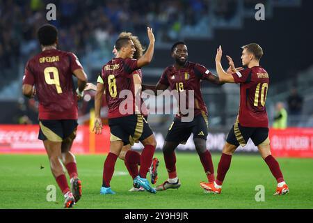 Rome, Italie. 10 octobre 2024. Maxim de Cuyper, de Belgique, célèbre avec ses coéquipiers après avoir marqué 2-1 buts lors du match de football de l'UEFA Nations League, Ligue A, Groupe A2 entre l'Italie et la Belgique le 10 octobre 2024 au Stadio Olimpico à Rome, Italie. Crédit : Federico Proietti / Alamy Live News Banque D'Images