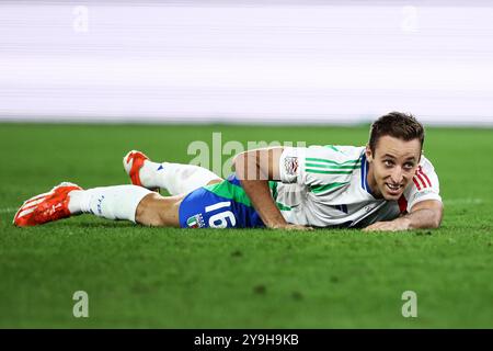 Rome, Italie. 10 octobre 2024. Davide Frattesi, Italien, réagit lors du match de football de l'UEFA Nations League, League A, Groupe A2 entre l'Italie et la Belgique le 10 octobre 2024 au Stadio Olimpico à Rome, Italie. Crédit : Federico Proietti / Alamy Live News Banque D'Images