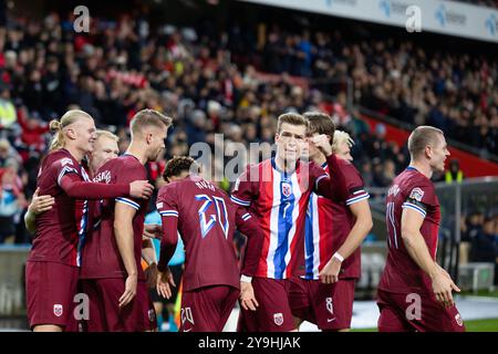 Oslo, Norvège. 10 octobre 2024. Oslo, Norvège, le 10 octobre 2024 : Players of Norway célèbre après avoir marqué lors du match de football B3 de l'UEFA Nations League entre la Norvège et la Slovénie au stade Ullevaal à Oslo, en Norvège. (ANE Frosaker/SPP) crédit : SPP Sport Press photo. /Alamy Live News Banque D'Images