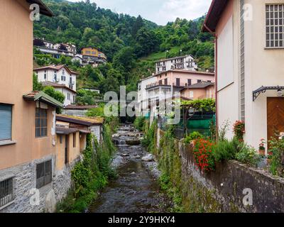 Charmant paysage de village à Lezzeno, en Italie, avec des maisons pittoresques près d'un ruisseau serein et de collines verdoyantes. L'image capture l'être tranquille Banque D'Images