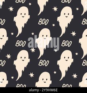 Motifs sans couture avec des fantômes mignons sur fond noir. Simple personnage effrayant. Fond festif pour Halloween. Boo. Illustration vectorielle Illustration de Vecteur