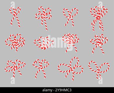 Ensemble de noeuds de ruban de ficelle blanc rouge en coton. Bowknot pour paquet ou lettre. Emballage cadeau élégant de style minimal pour le nouvel an, Noël. Illustration vectorielle Illustration de Vecteur