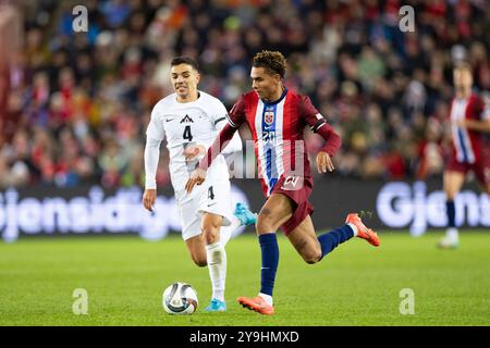 Oslo, Norvège. 10 octobre 2024. Oslo, Norvège, 10 octobre 2024 : Antonio Nusa (20 Norvège) contrôle le ballon lors du match de football du Groupe B3 de l'UEFA de la Ligue des Nations entre la Norvège et la Slovénie au stade Ullevaal d'Oslo, en Norvège. (ANE Frosaker/SPP) crédit : SPP Sport Press photo. /Alamy Live News Banque D'Images