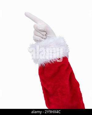 Main du Père Noël pointant le doigt sur un fond blanc isolé Banque D'Images