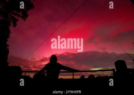 Doddiscombsleigh, Devon, Royaume-Uni. 10 octobre 2024. Météo britannique : les aurores boréales brillent de manière colorée et brillante sur Doddiscombsleigh, Devon. Aurora Borealis regardé par Neil porter Credit : Nidpor/Alamy Live News Banque D'Images