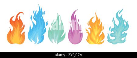 Flammes de feu colorées. Feu de joie multicolore, boules de feu brûlantes et flammes colorées de feu de forêt ensemble d'illustration vectorielle plate. Feu de dessin animé sur backgrou blanc Illustration de Vecteur