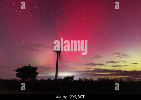 Knowstone, Royaume-Uni. 10e oct. L'Aurora Borealis fait un spectacle spectaculaire dans le ciel au-dessus du parc éolien Batsworthy Cross dans le Mid Devon. Crédit : Mark Passmore / Alamy Live News Banque D'Images